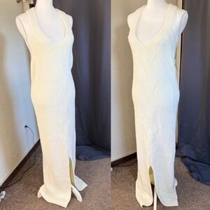 JLUXLABEL Cream Cable Knit V-Neck Maxi Dress XL Sleeveless Slit W-D-MX-2627